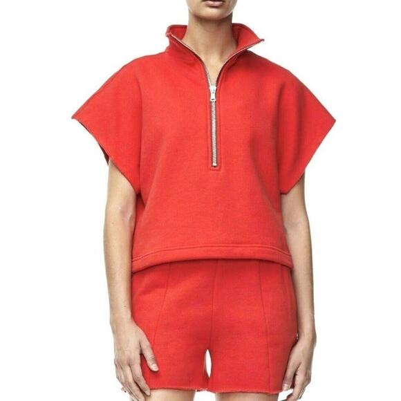 Good American Cherry Red 3/4 Zip Short Sleeve Cropped Sweatshirt 0/XS Oversized - Picture 1 of 13